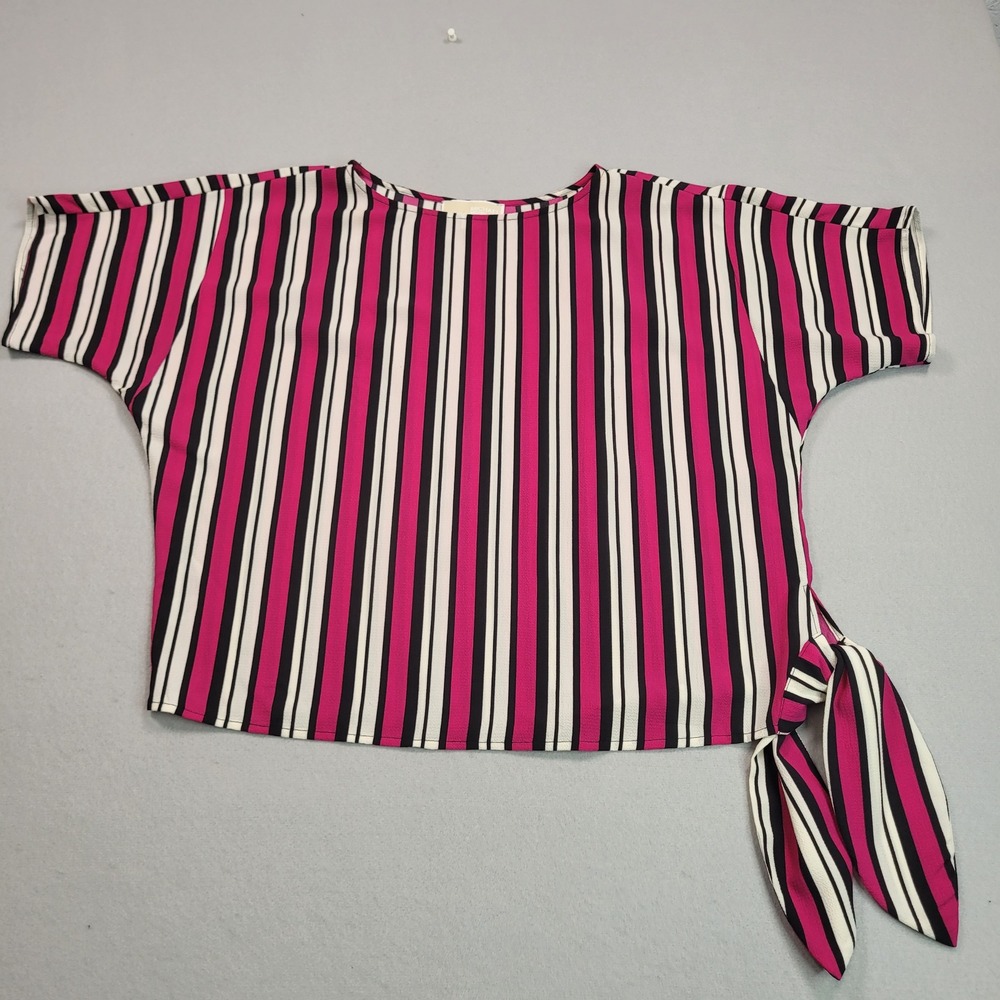 Michael Kors Petite Small Pink Black Striped Side Tie Blouse Top Short Sleeve